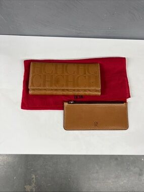 Carolina Herrera Brown Embossed Wallet with Zip Card Pouch